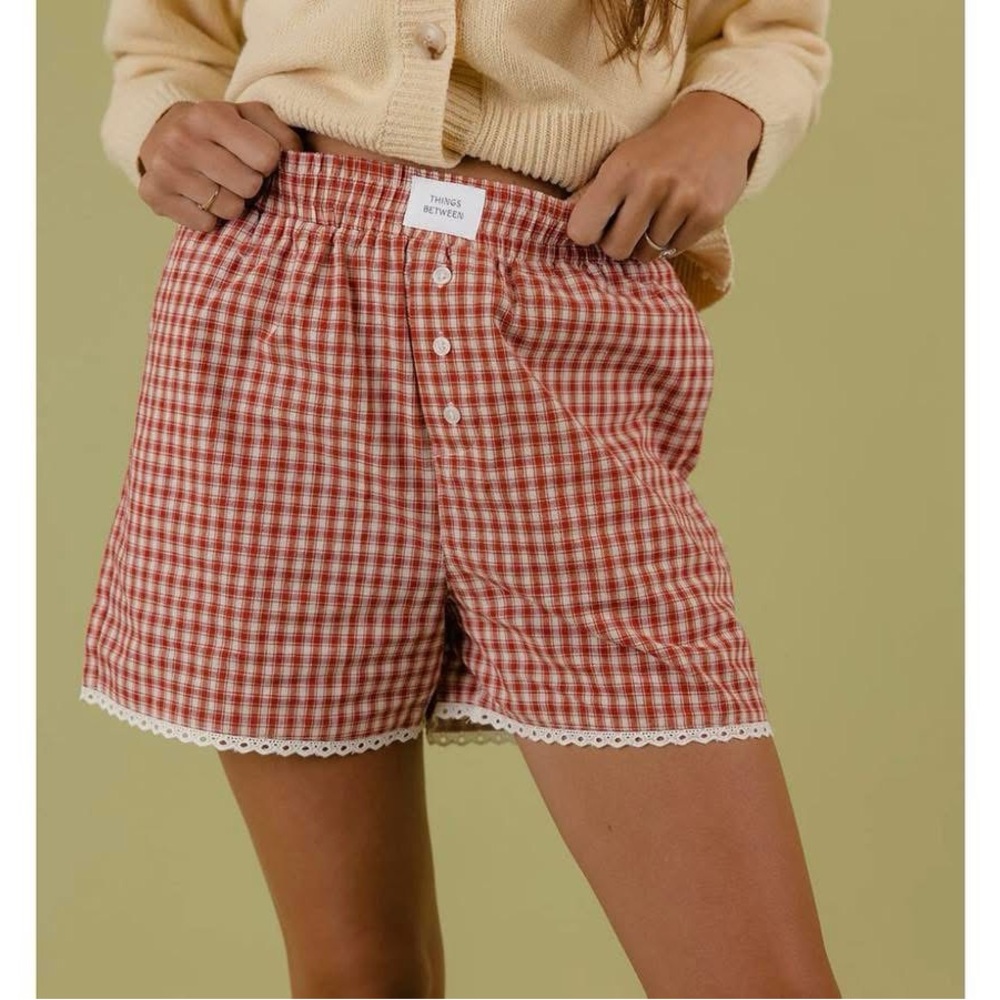 Thinks Between Red Gingham Lace-Trim Boxer Shorts